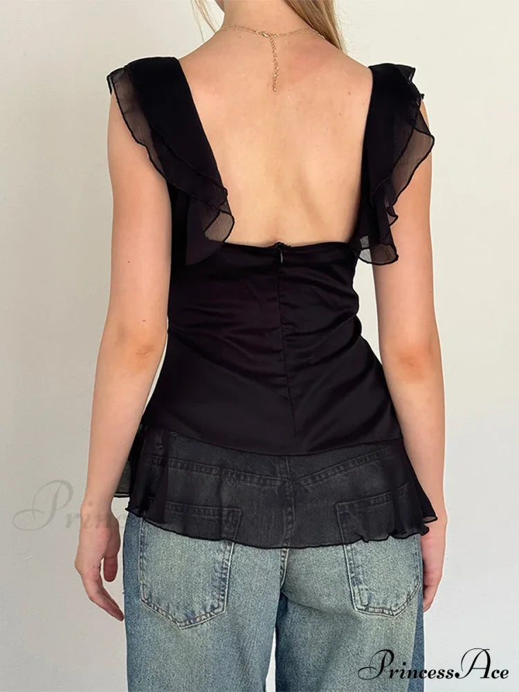 Sheer Mesh Sleeveless Backless 3D Stylish Elegant Trendy Chic Ruffle Crop Top