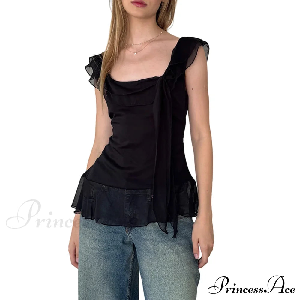 Sheer Mesh Sleeveless Backless 3D Stylish Elegant Trendy Chic Ruffle Crop Top Black / S