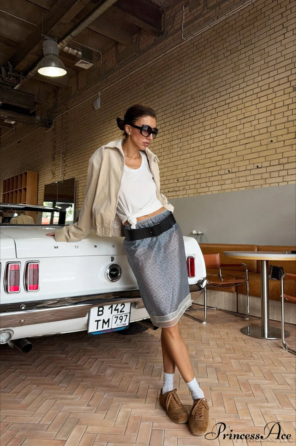 Sheer Print Lace Panel A Line Skirt