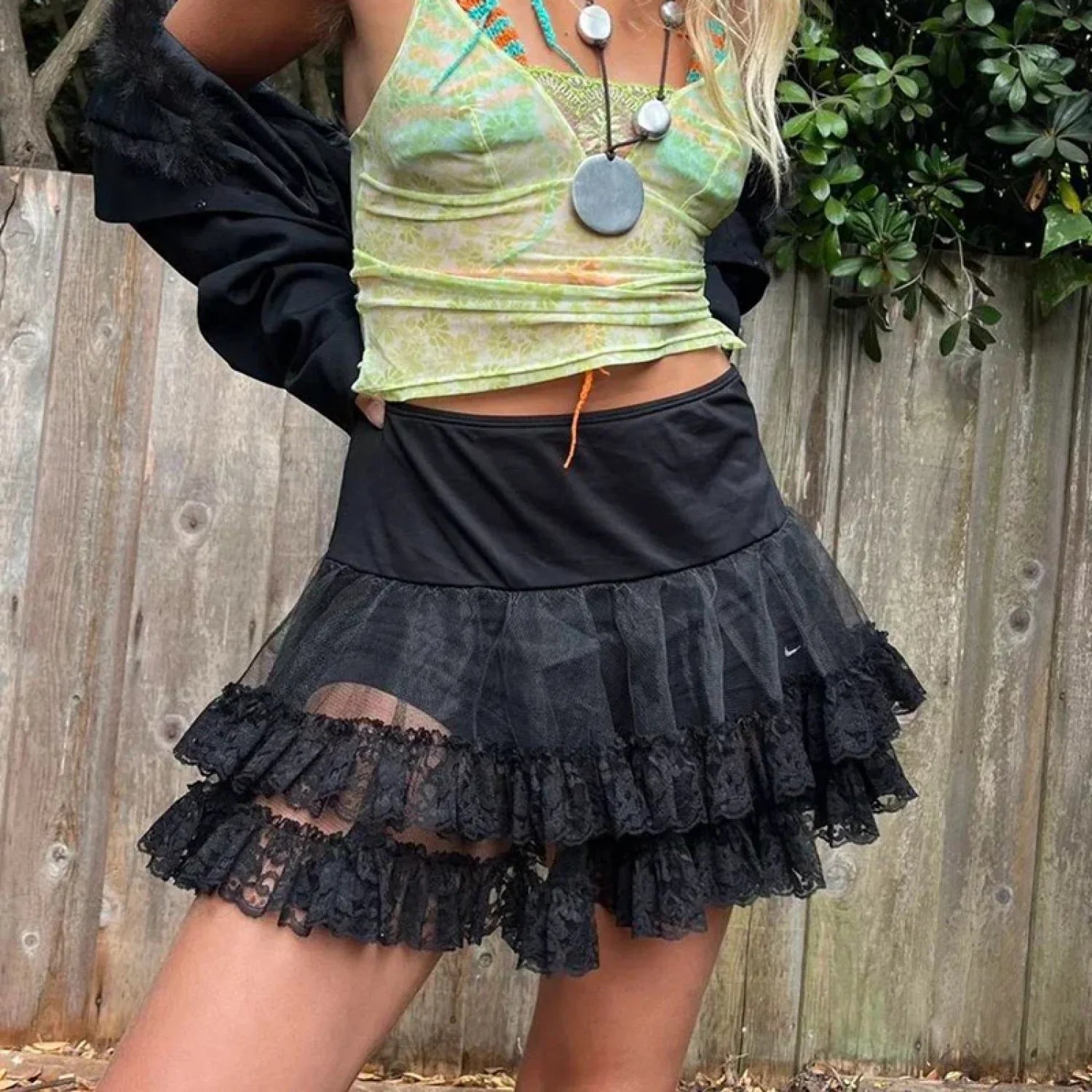 Sheer Ruffle Tiered Lace Skirt