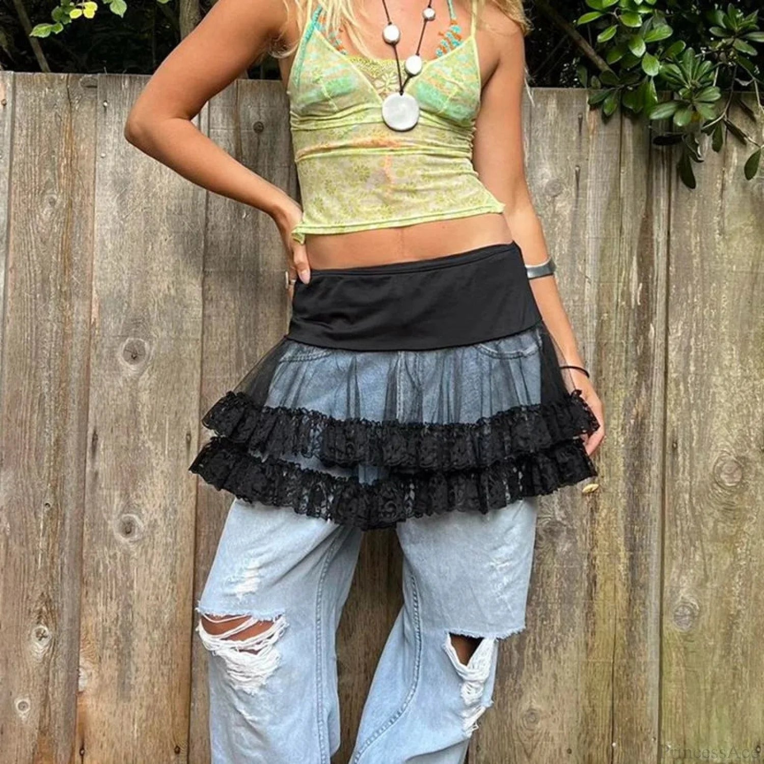 Sheer Ruffle Tiered Lace Skirt