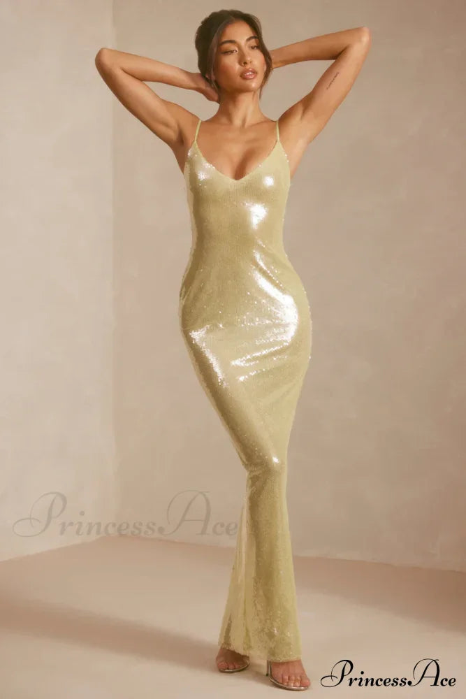 Sheer Sequin V-Neck Cut Out Trendy Back Evening Gown In Pistachio 16 Days / 4 S Yellow