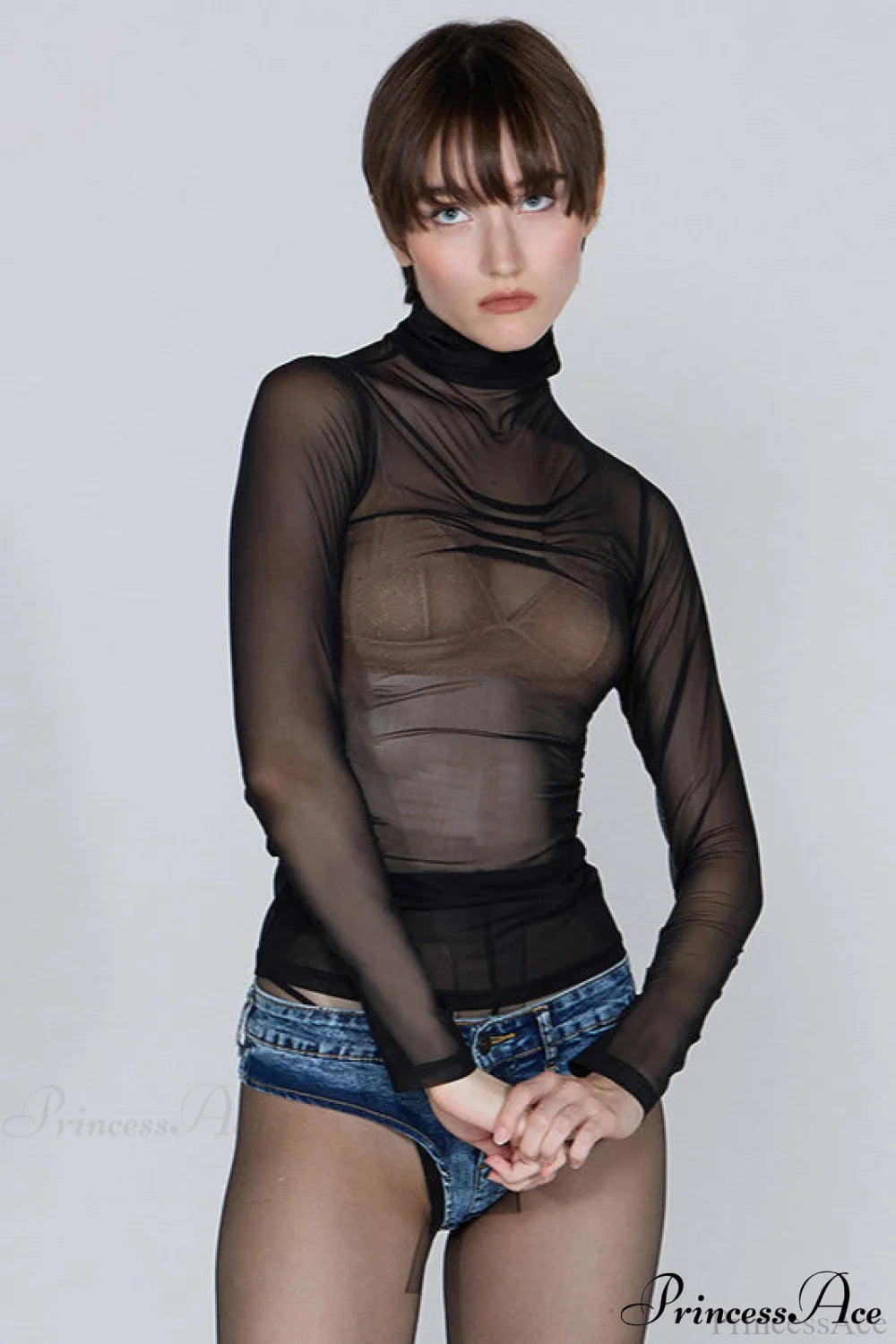 Sheer Solid Turtleneck Long Sleeve Tee