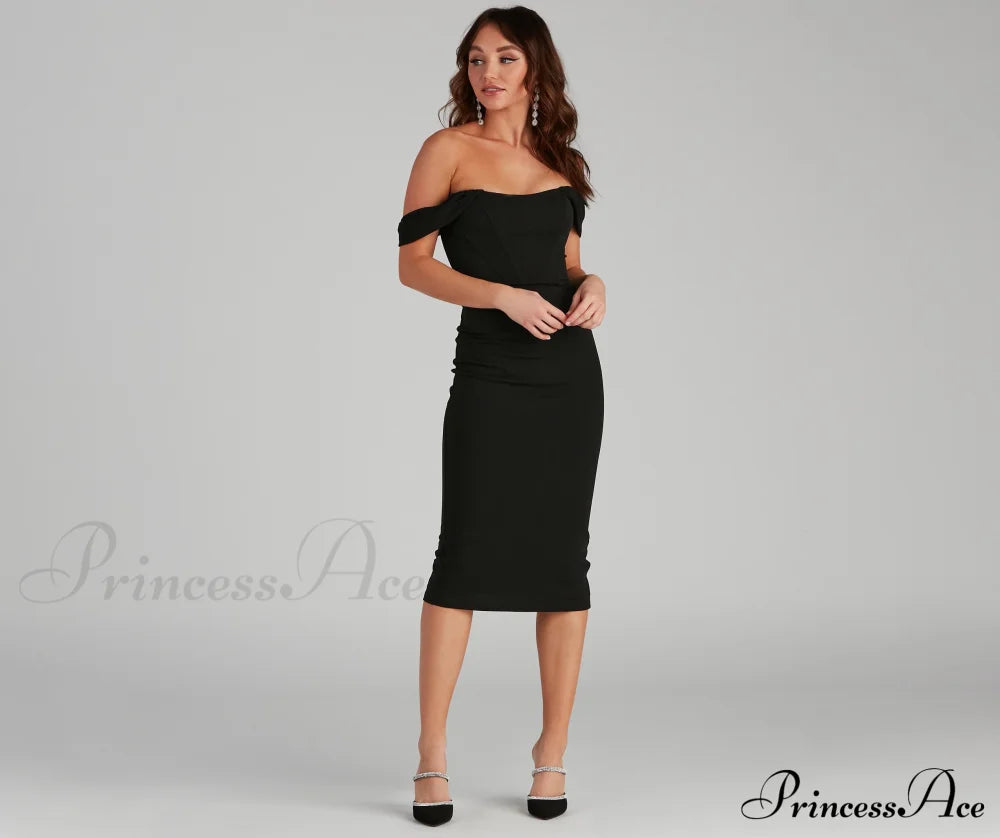 Sheila Crepe Corset Charming Midi Formal Dress Black / Xs S.o. Short Dresses