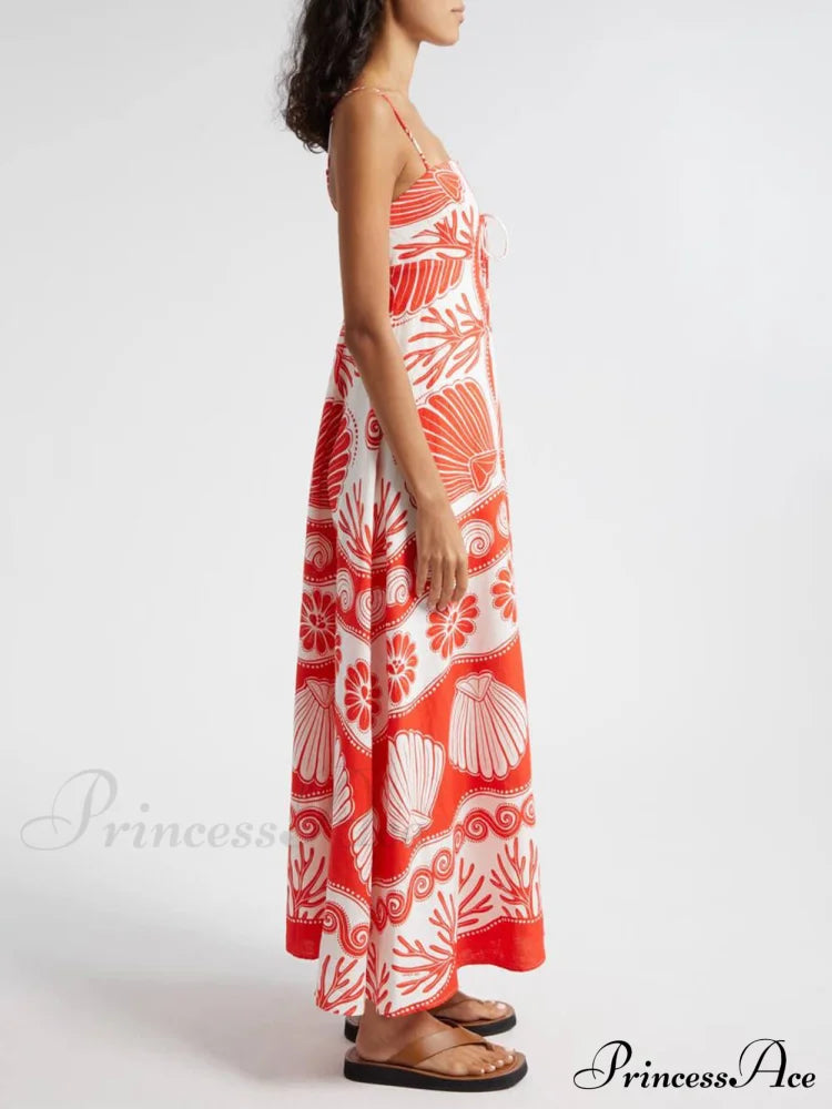 Shell Unique Print Front Graceful Lace-Up Loose Maxi Dress Dresses