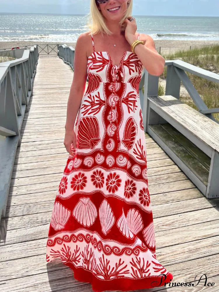 Shell Unique Print Front Graceful Lace-Up Loose Maxi Dress Dresses