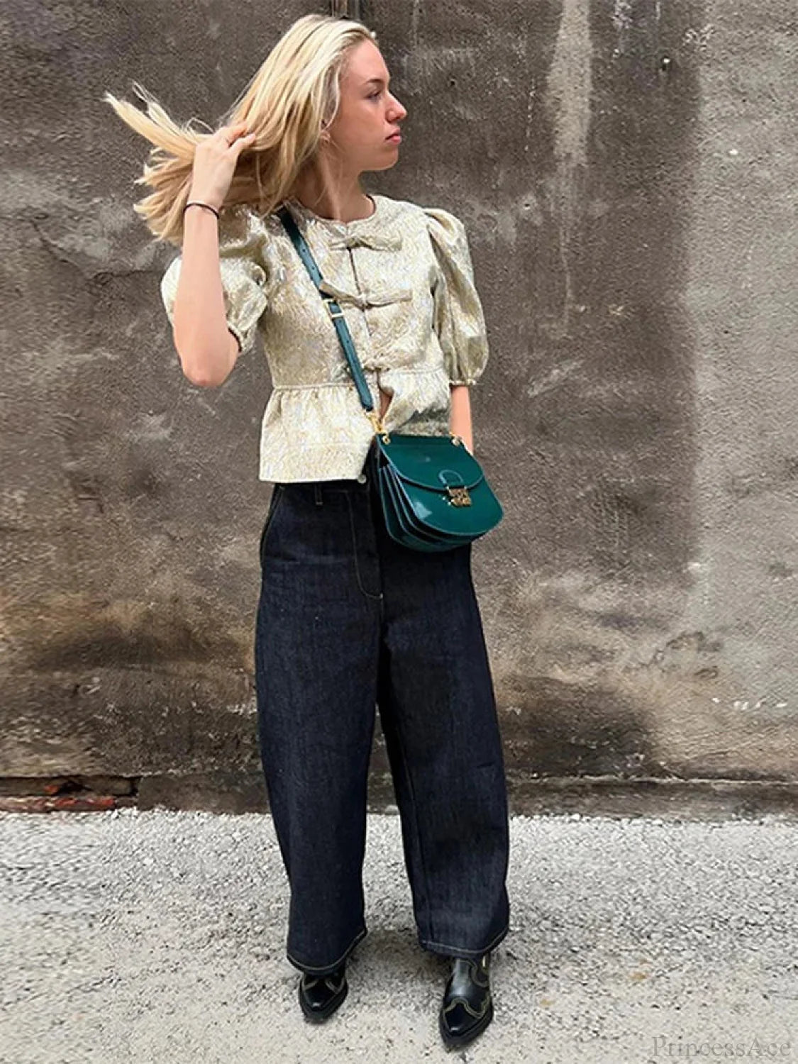 Shimmer Lace-Up Bow Puffy Sleeve Short Blouse blouse-250126