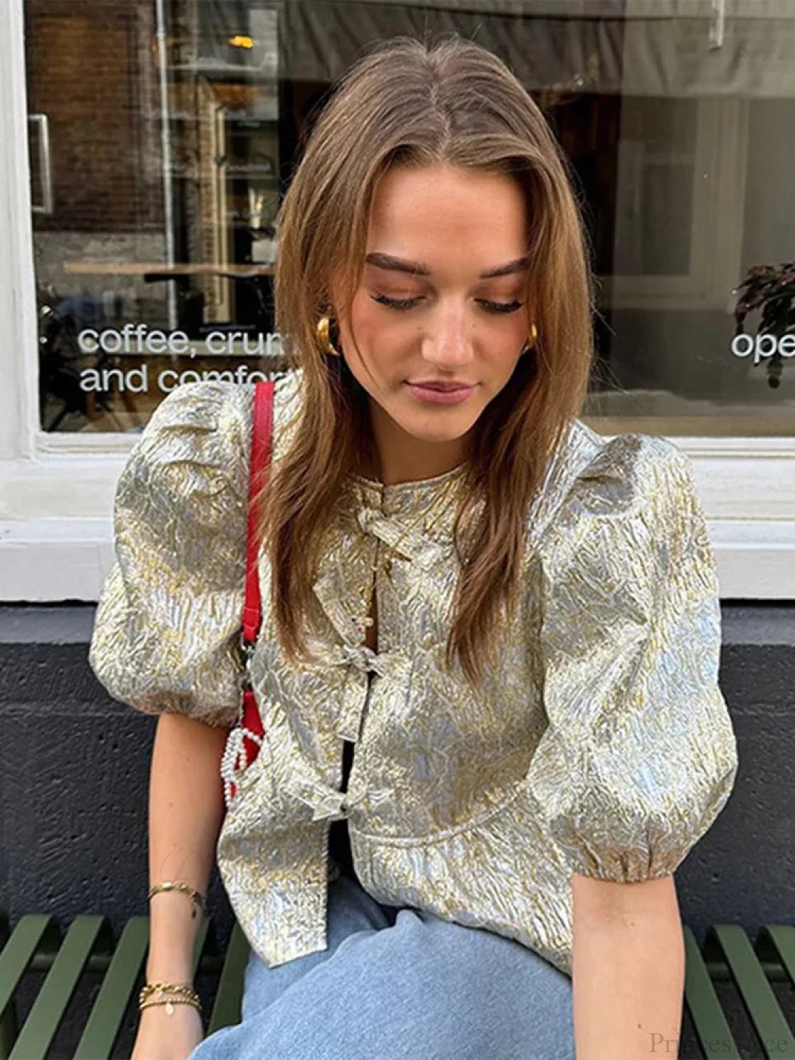 Shimmer Lace-Up Bow Puffy Sleeve Short Blouse blouse-250126