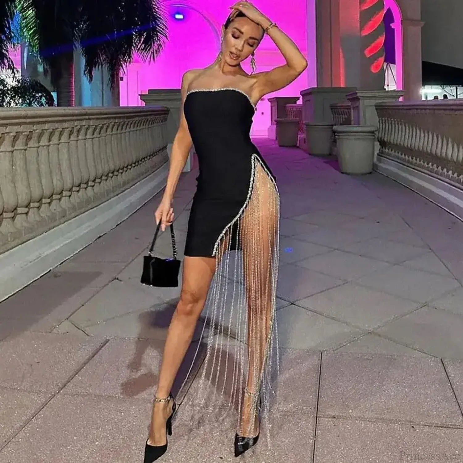 Shining Chain Slit Strapless Black Party Dress / S Partydress-241208