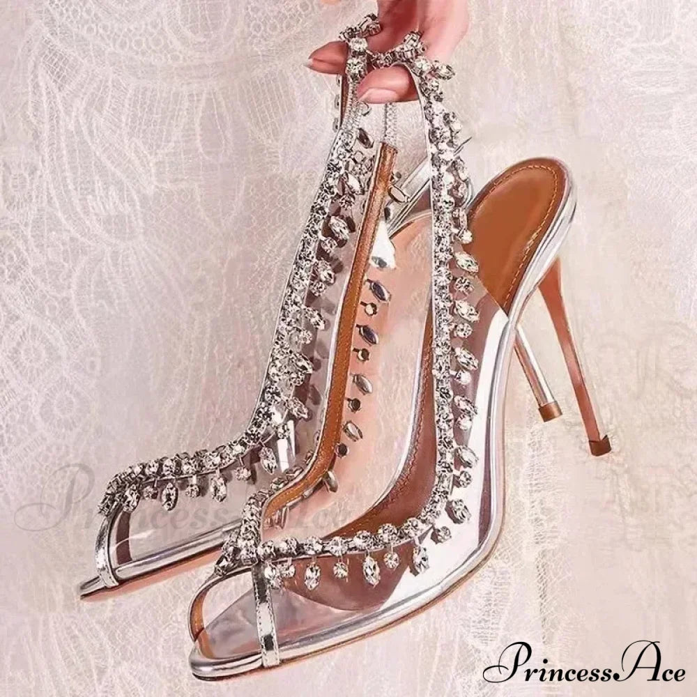 Shiny Crystal Summer Pvc Transparent Fish Mouth Partyfashion Luxury Designer High Heel