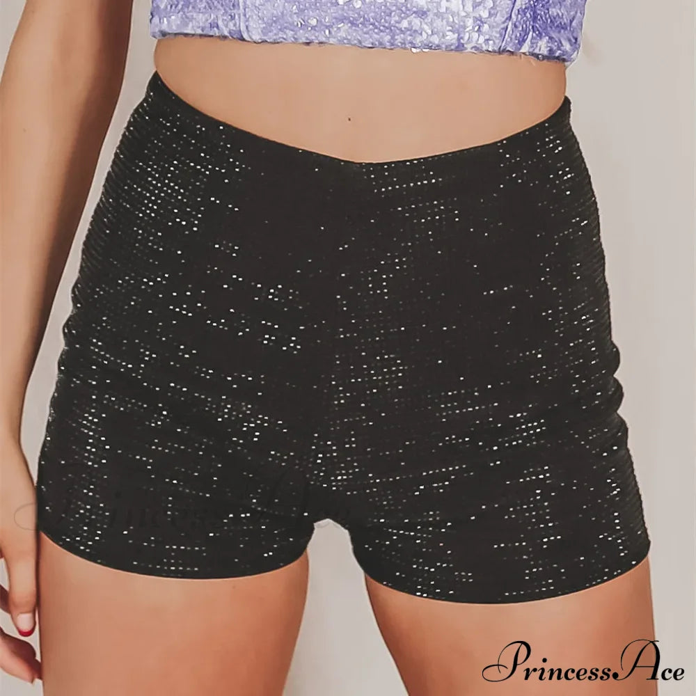 Shiny Rhinestone High Waist Summer Beach Nightclub Streetwear Casual Short Black / S