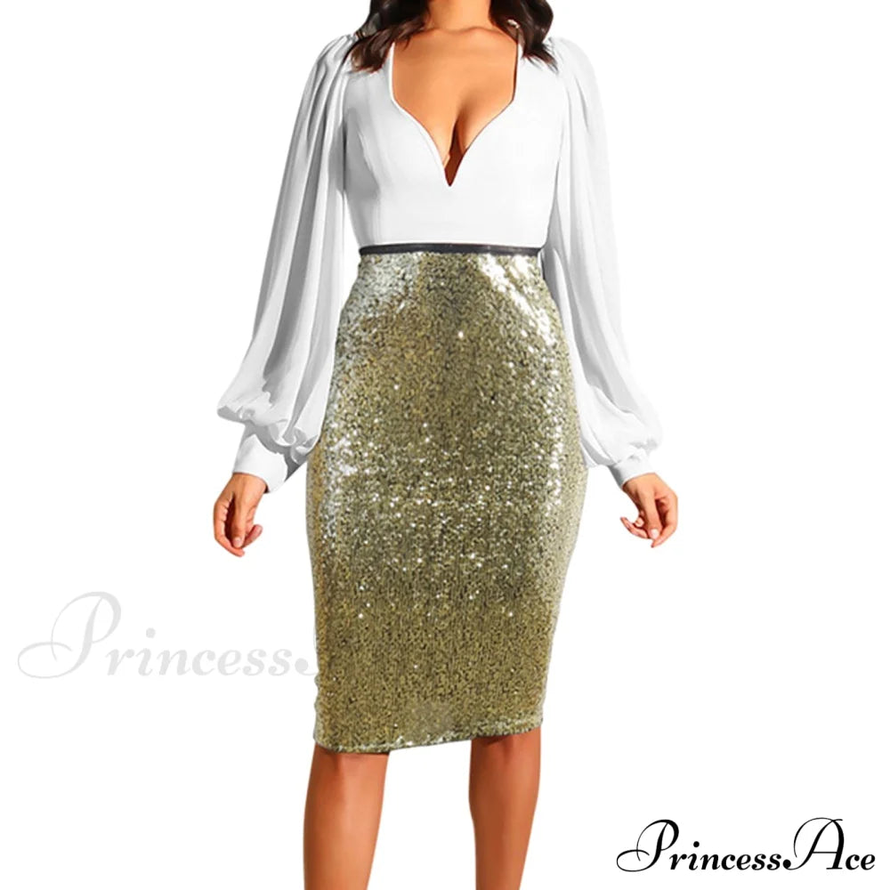 Shiny Sequin High Waist Glitter Gold Silver Stretchy Pencil Skirt