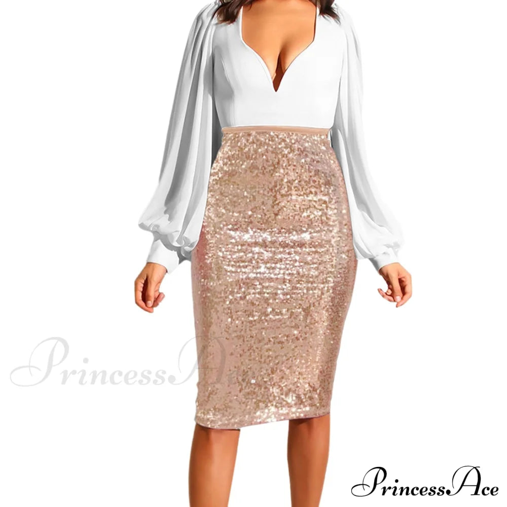 Shiny Sequin High Waist Glitter Gold Silver Stretchy Pencil Skirt