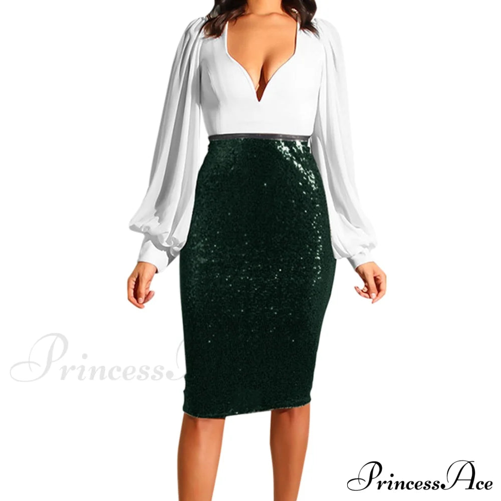 Shiny Sequin High Waist Glitter Gold Silver Stretchy Pencil Skirt