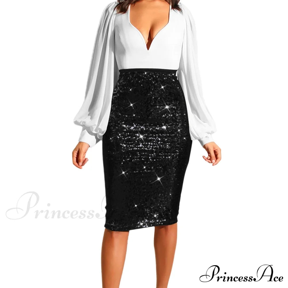 Shiny Sequin High Waist Glitter Gold Silver Stretchy Pencil Skirt