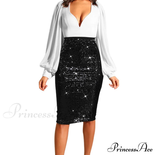 Shiny Sequin High Waist Glitter Gold Silver Stretchy Pencil Skirt Black / S