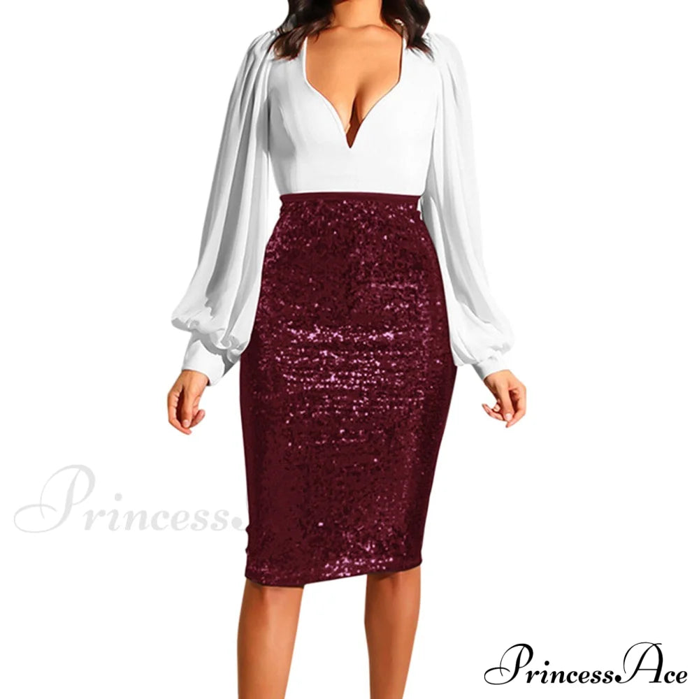 Shiny Sequin High Waist Glitter Gold Silver Stretchy Pencil Skirt Wine / S