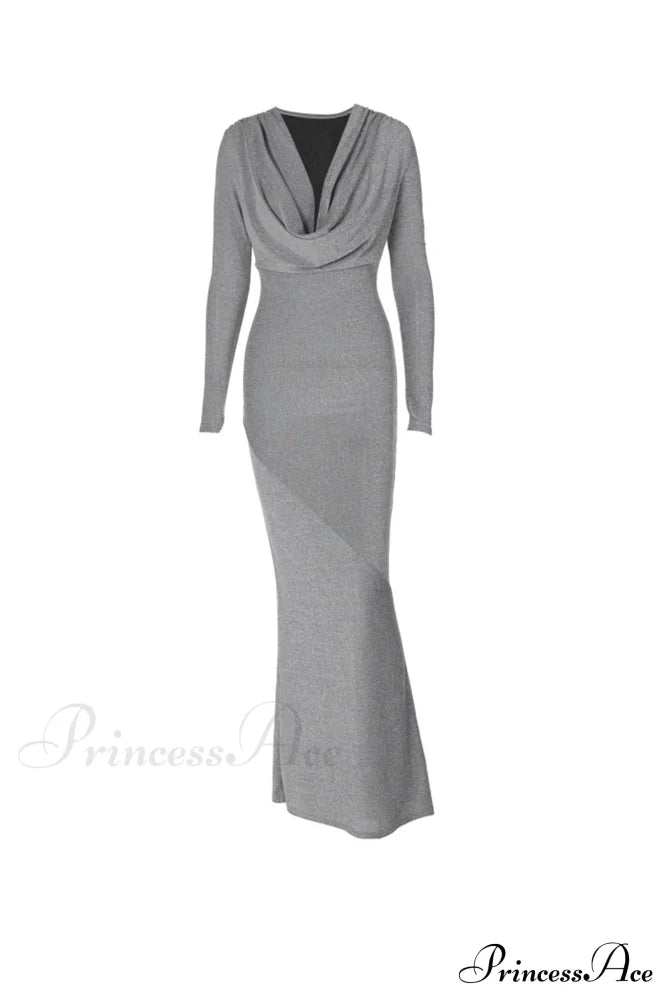 Shiny Silver Cowl Neck Silk Dress Midi Dresses