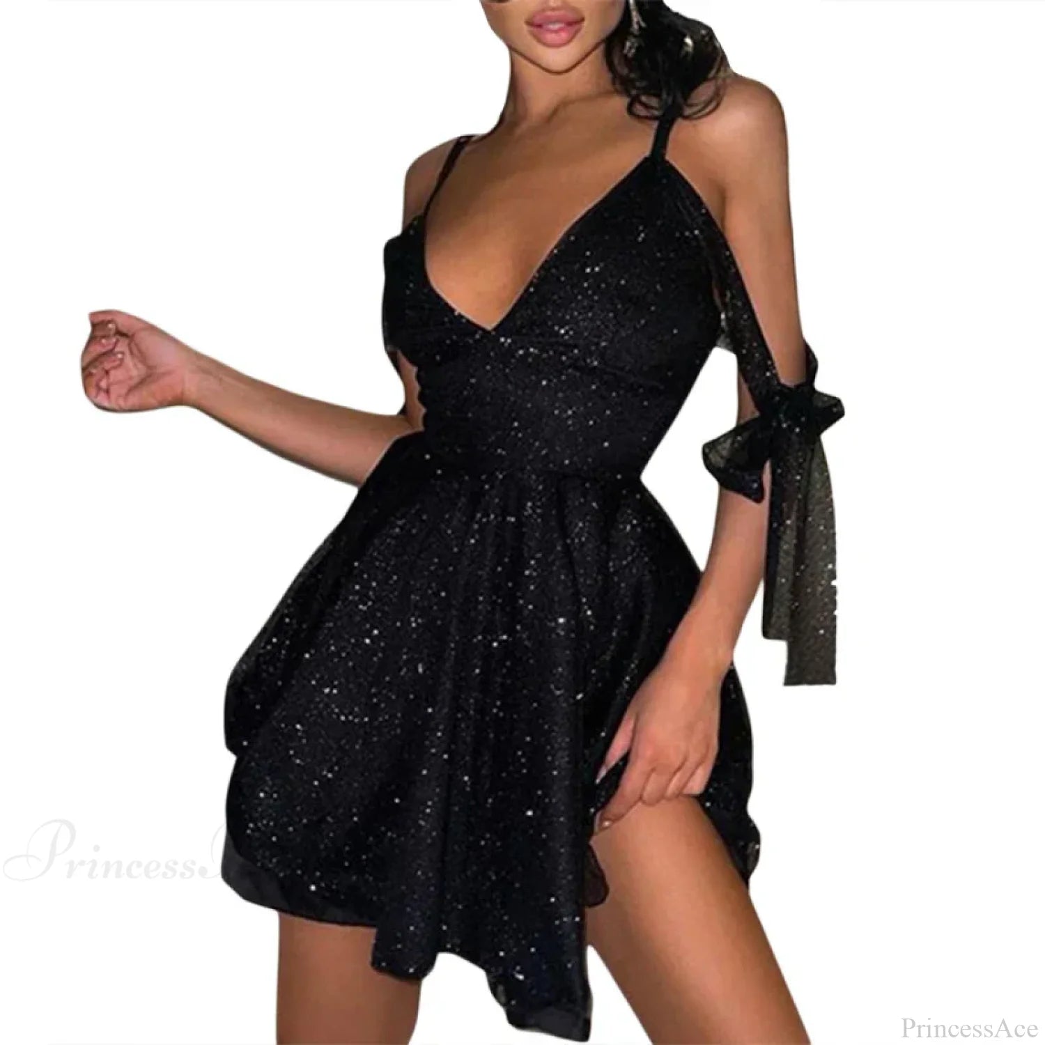 Shiny Slim Black V-Neck Party Dress Partydress-241208