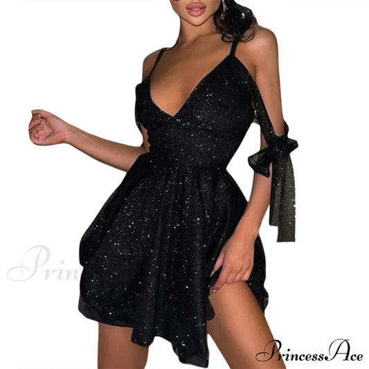 Shiny Slim Black V-Neck Party Dress Partydress-241208