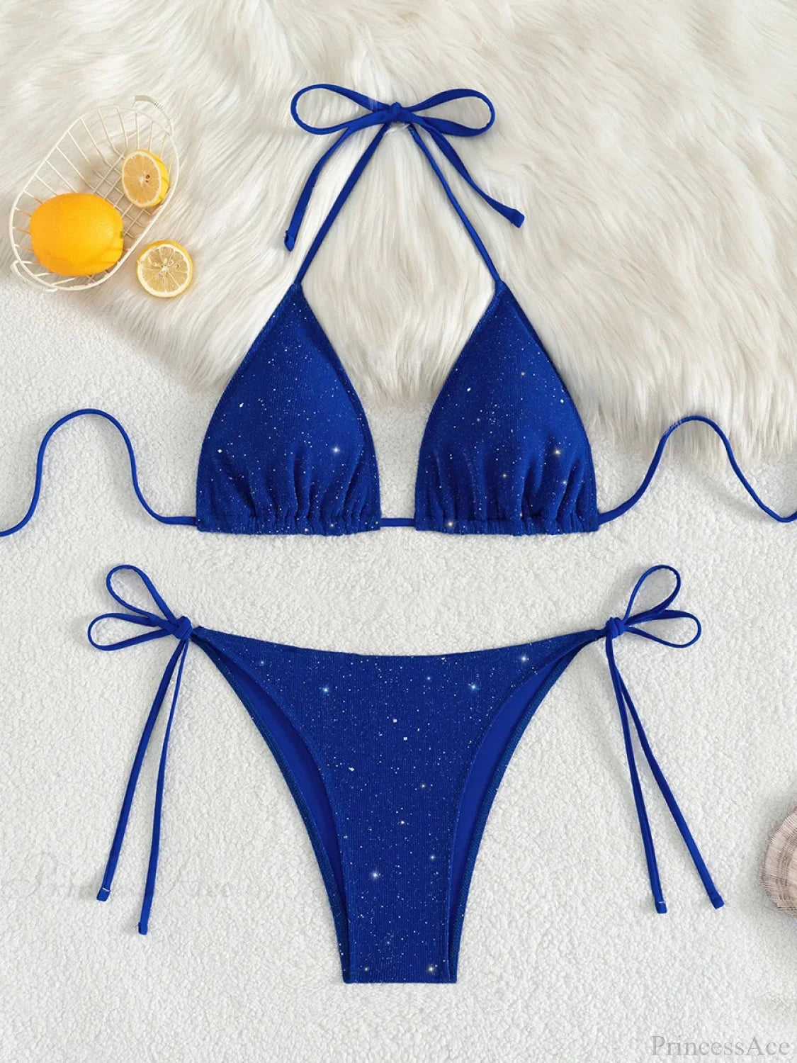 Shiny Sparkling Halter Strappy Bikini Set blue / S