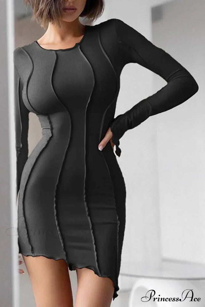 Shirred Long Sleeve Bodycon Mini Dress Black / M Dresses