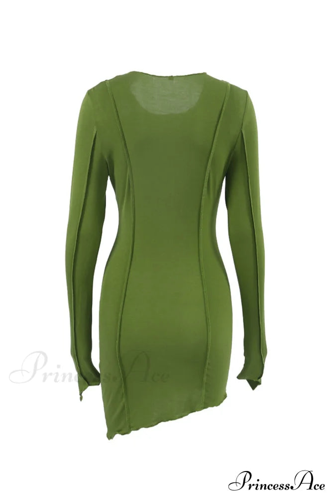 Shirred Long Sleeve Bodycon Mini Dress Green / L Dresses