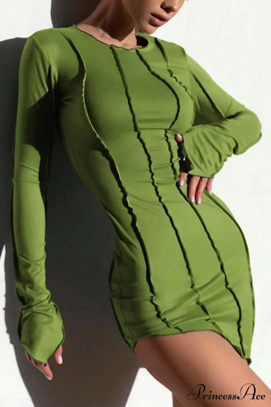 Shirred Long Sleeve Bodycon Mini Dress Green / M Dresses