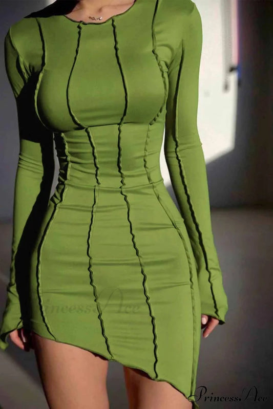 Shirred Long Sleeve Bodycon Mini Dress Green / S Dresses