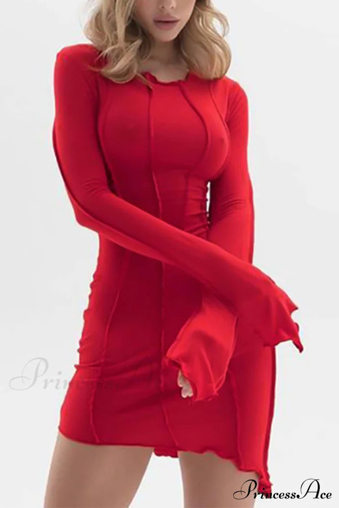 Shirred Long Sleeve Bodycon Mini Dress Red / S Dresses