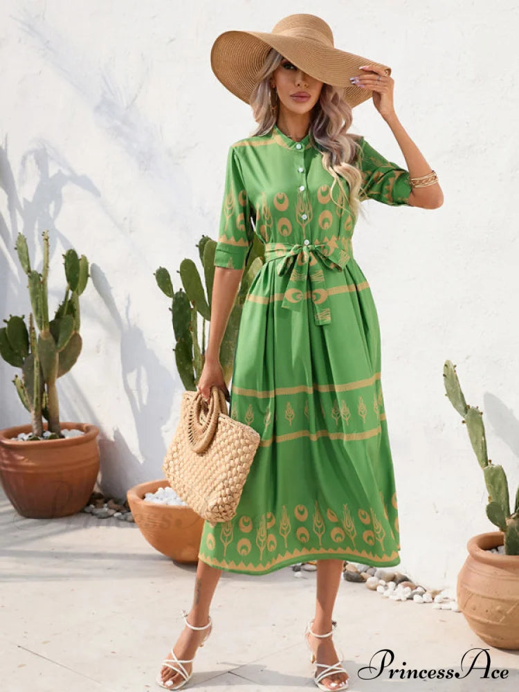 Shirred-Waist Patterned Full-Length Crepe Gown For Three-Quarter-Sleeve Women Green / S Women’s