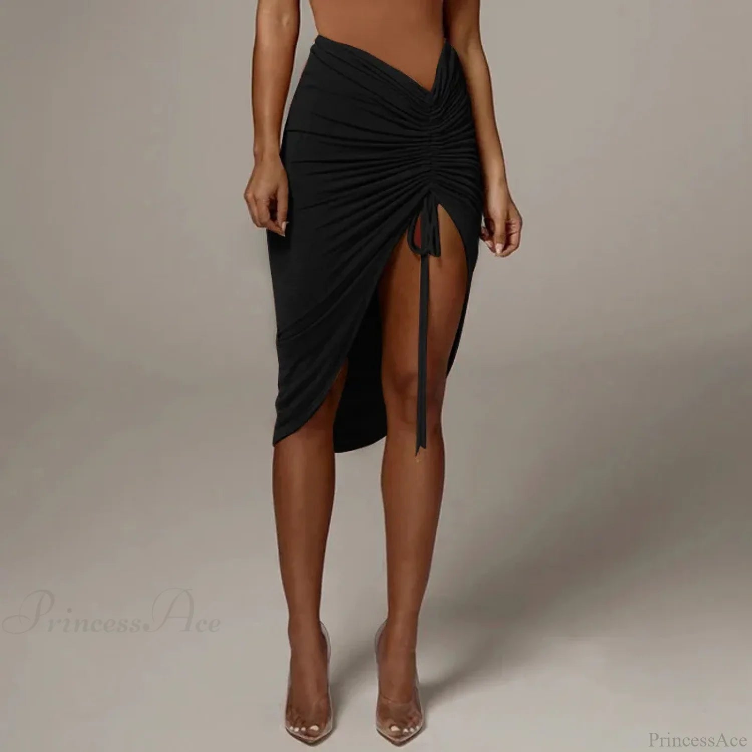 Shirring Pleated Wrap Hip Skirt Black / S
