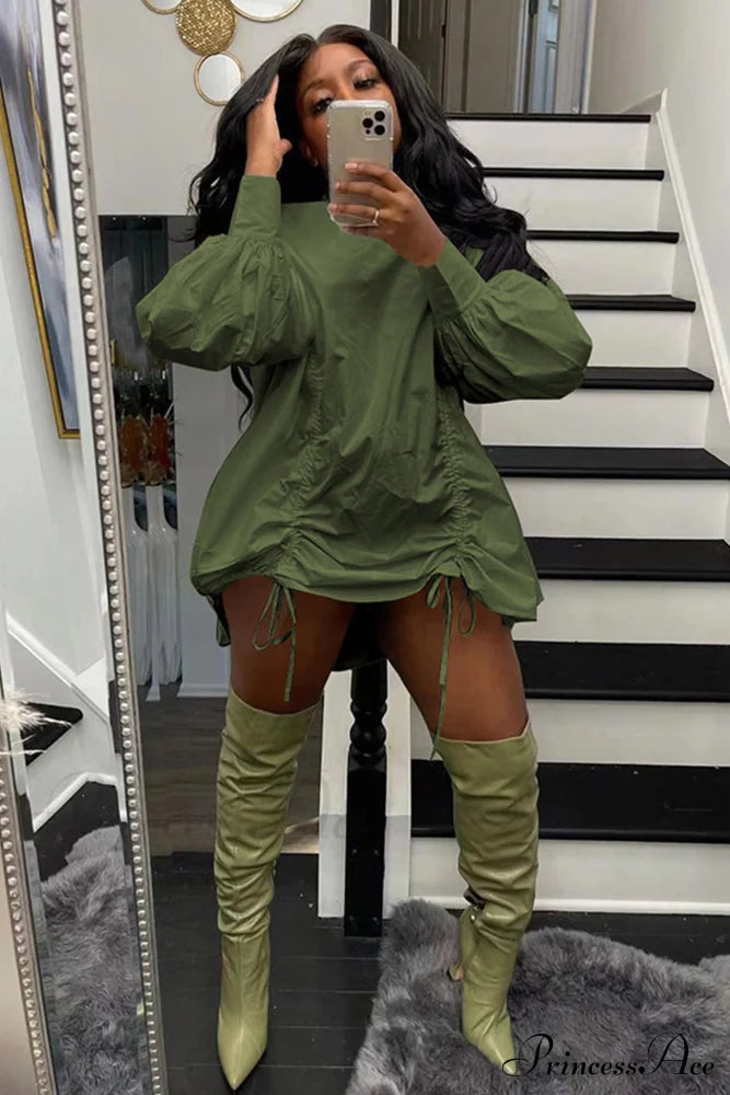 Shirring Shirt Dress With High Collar Army Green / S Mini Dresses