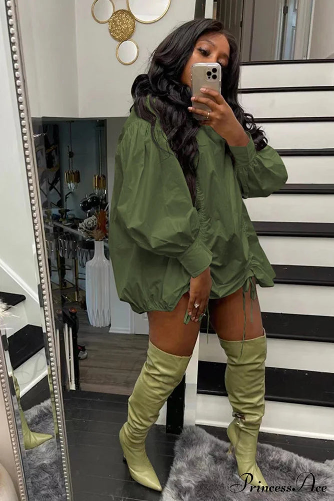 Shirring Shirt Dress With High Collar Army Green / Xl Mini Dresses