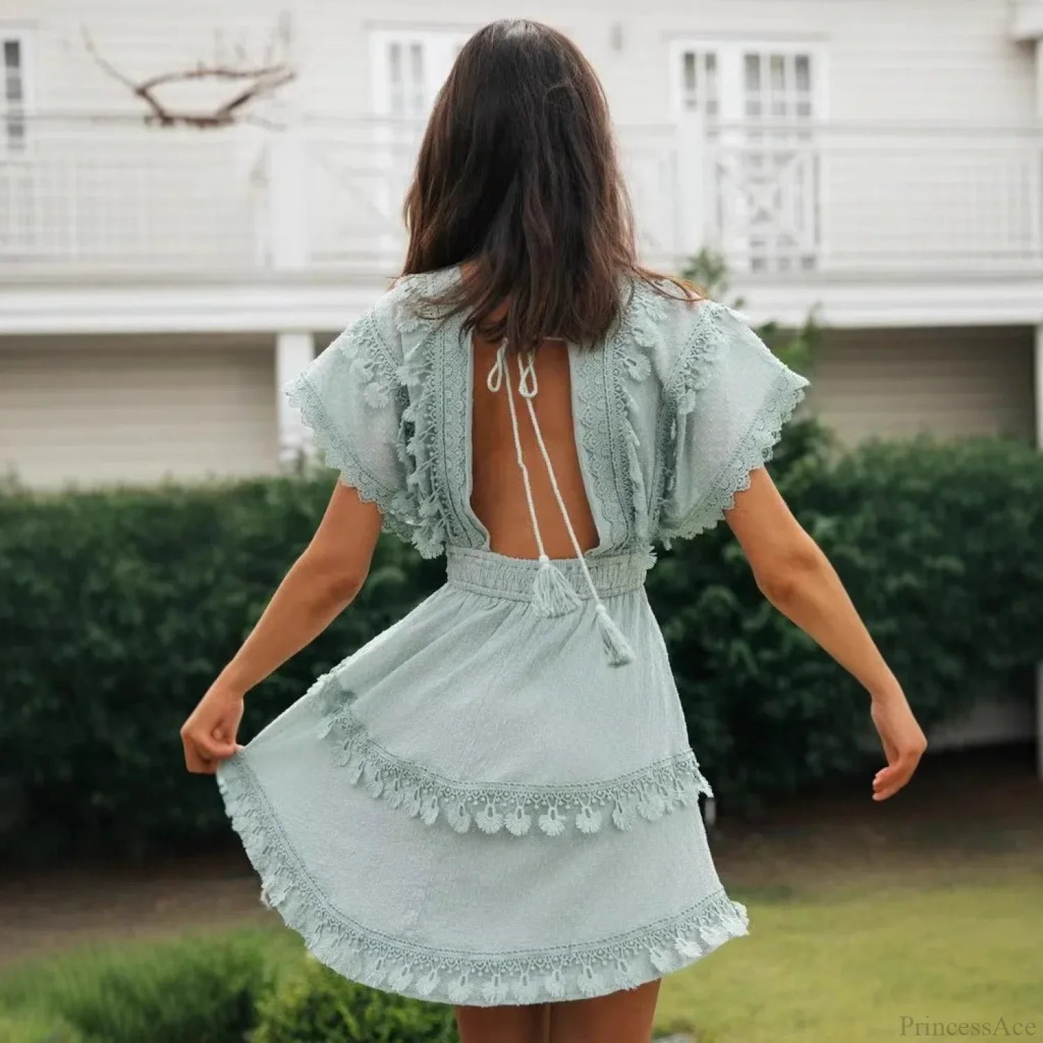 Short Batwing Sleeve Lace Backless Deep V-neck Mini Boho Dress bohodress-250126