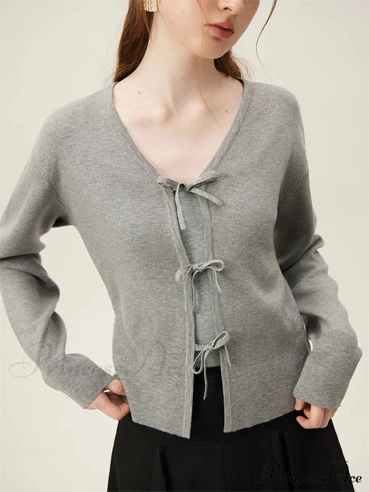 Short Black Warm V-Neck Lace Up Placket Wool Cardigan Gray / S