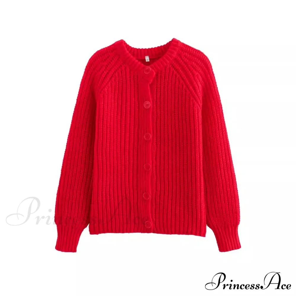 Short Cardigan With Round Neck Long Sleeve Fashionable Red Christmas Sweater / S Sweaters-L