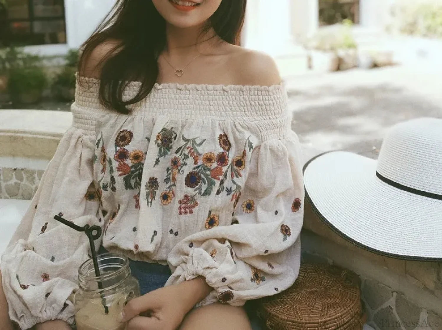 Short Floral Embroidery Off-Shoulder Boho Crop Blouse