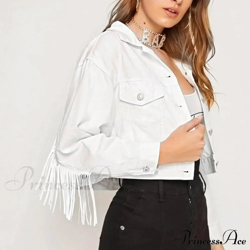 Short Loose Denim Wi Pockets Lapel Button Tassel Chic Stylish Elegant Fashionable Versatile