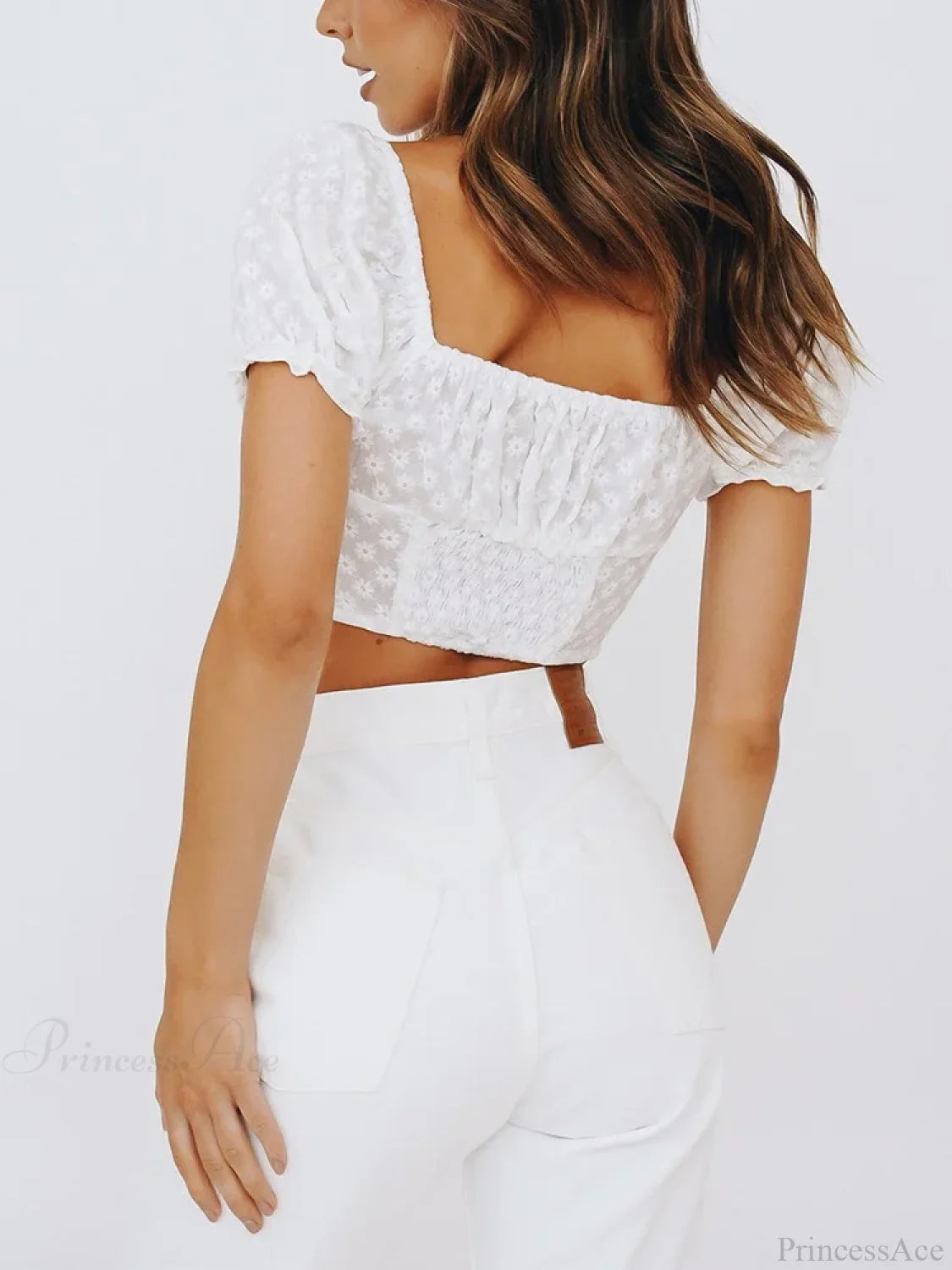 Short Puff Sleeve Embroidery Smocked Tie Bow Crop Blouse croptop-250126