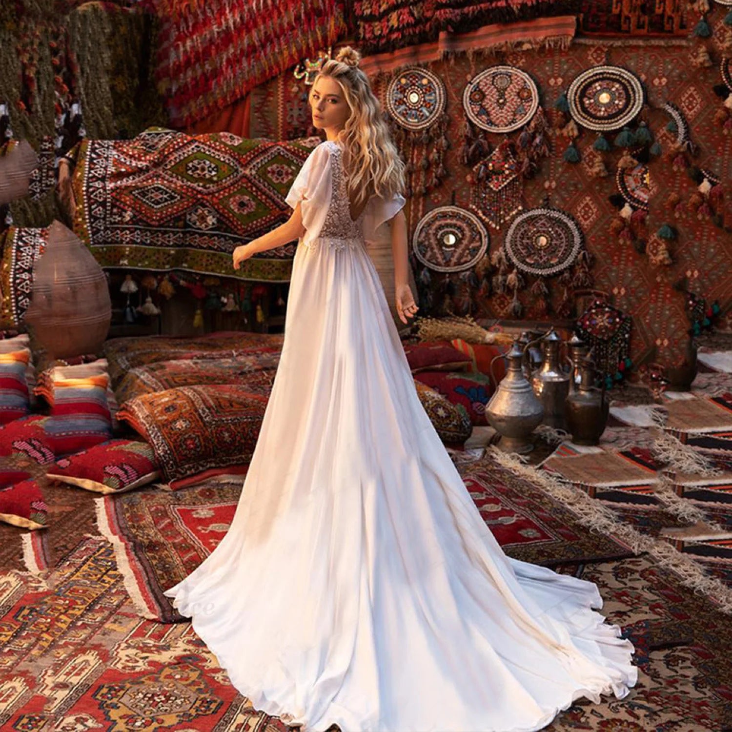 Short Sleeve Deep V-Neck Sheer Wedding Dress lvory white / 2 weddingdress-250223