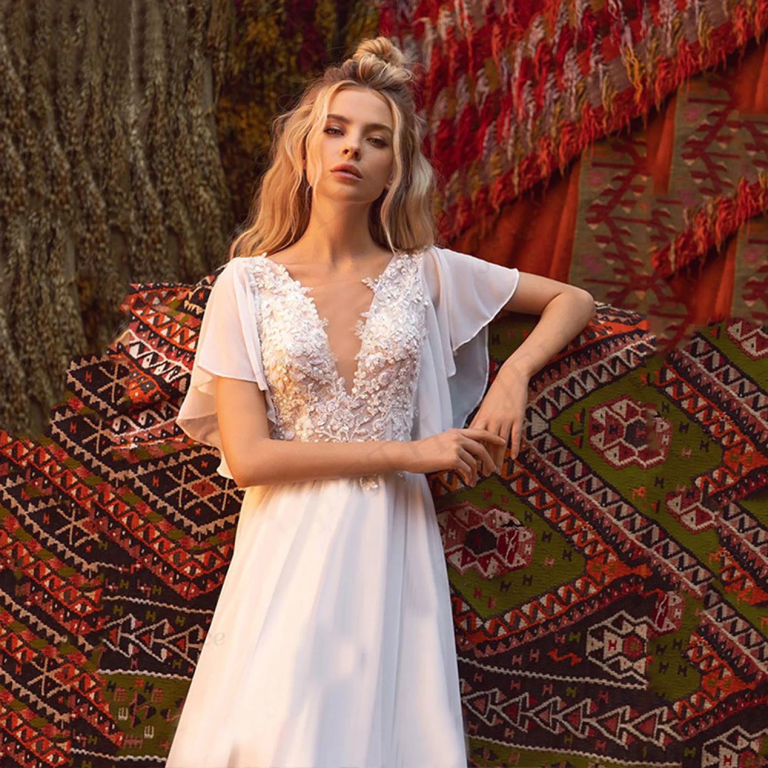 Short Sleeve Deep V-Neck Sheer Wedding Dress weddingdress-250223