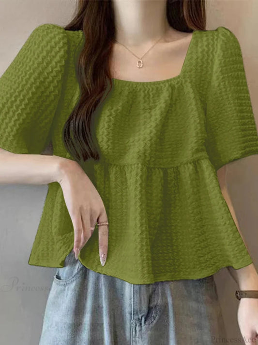 Short Sleeve Pleated Textured Blouse Summer Blouse Green / S blouse-250126