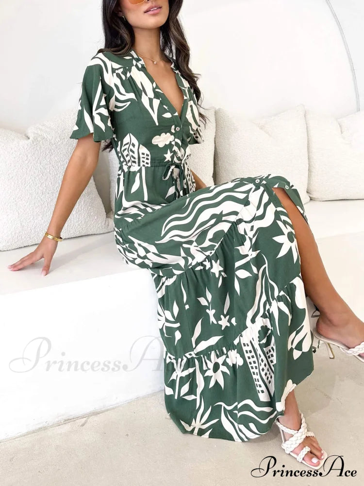 Short Sleeve Resort Charming Print Midi Dress Dresses