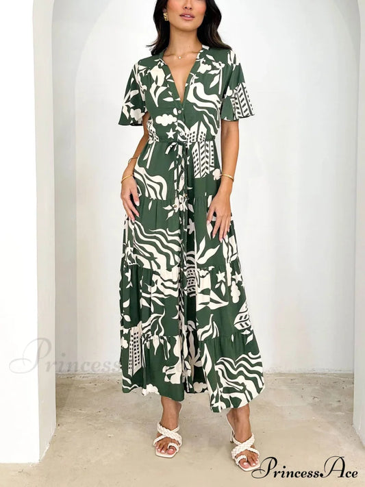 Short Sleeve Resort Charming Print Midi Dress Green / S Dresses