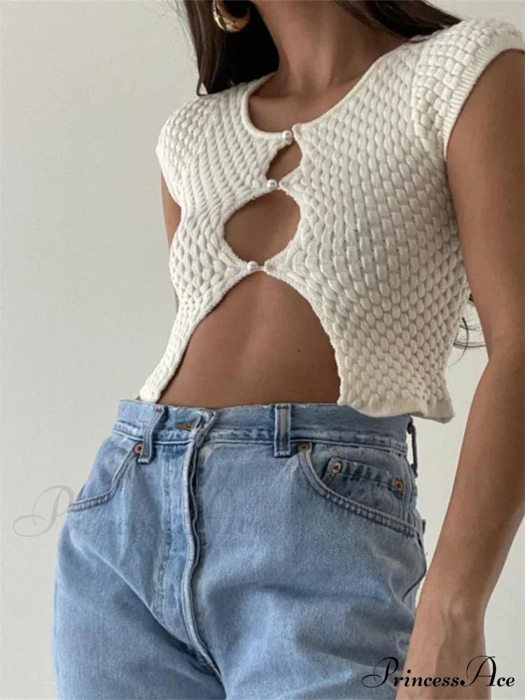 Short Sleeve Ruched O-Neck Buttons Up Y2K Knitted Crop T-Shirts