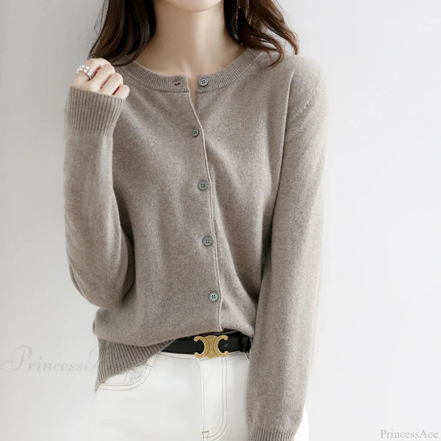 Short Slim O-Neck Single Breasted Gold Camel Knit Cardigan Dark Brown / S cardiagn-250126
