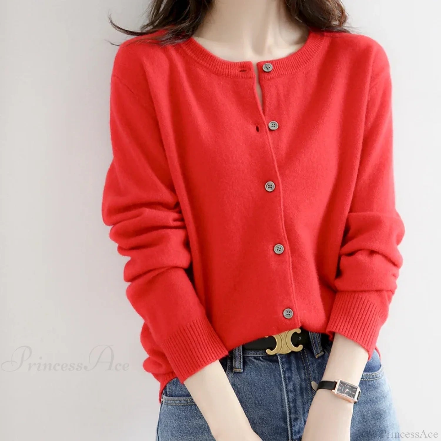 Short Slim O-Neck Single Breasted Gold Camel Knit Cardigan Red / S cardiagn-250126