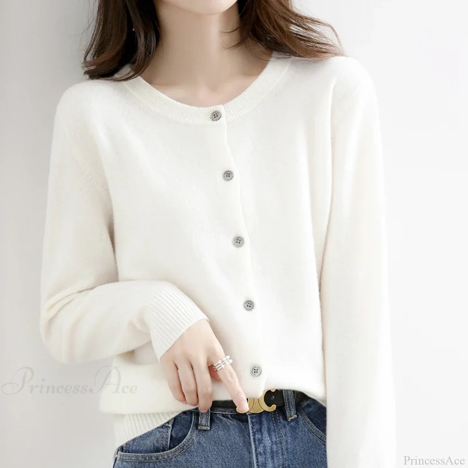 Short Slim O-Neck Single Breasted Gold Camel Knit Cardigan WHITE / S cardiagn-250126