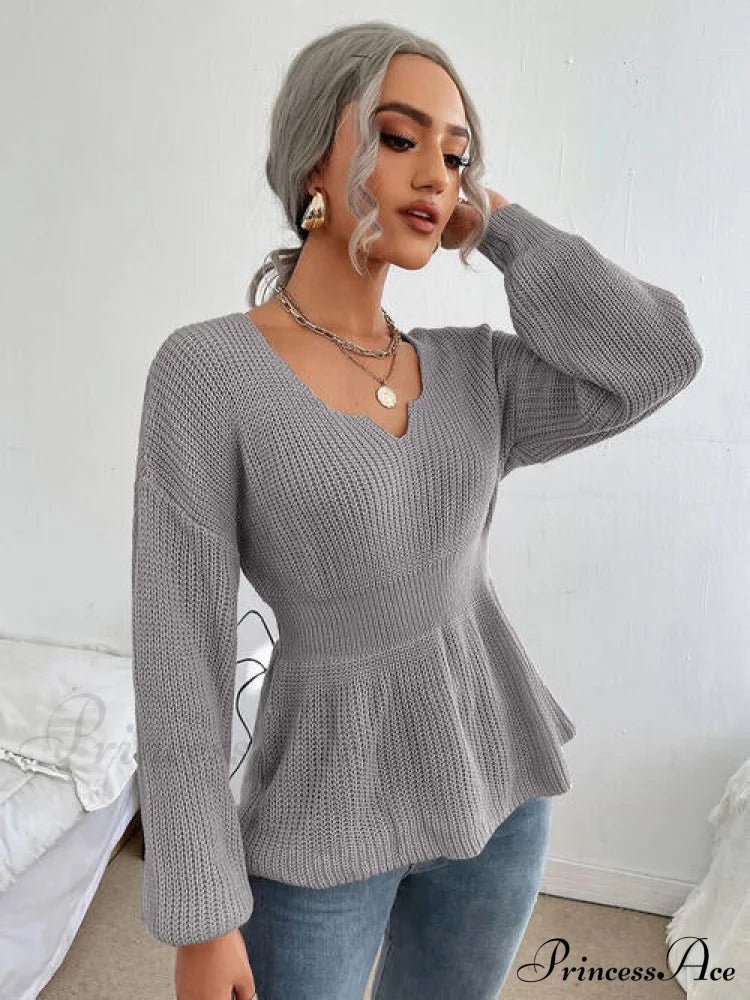 Notched Dropped Shoulder Knit Long Sleeve Top Cloudy Blue clothes long sleeve shirts long sleeve top long sleeve tops Ship From Overseas shirt shirts short sleeve shirt top tops X.W